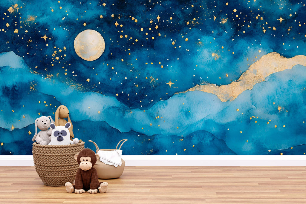 Elegant Moon And Stars Nursery Wallpaper – 3D Night Sky Wall Mural For Kids Room, Baby Crib Background, Gender Neutral Celestial