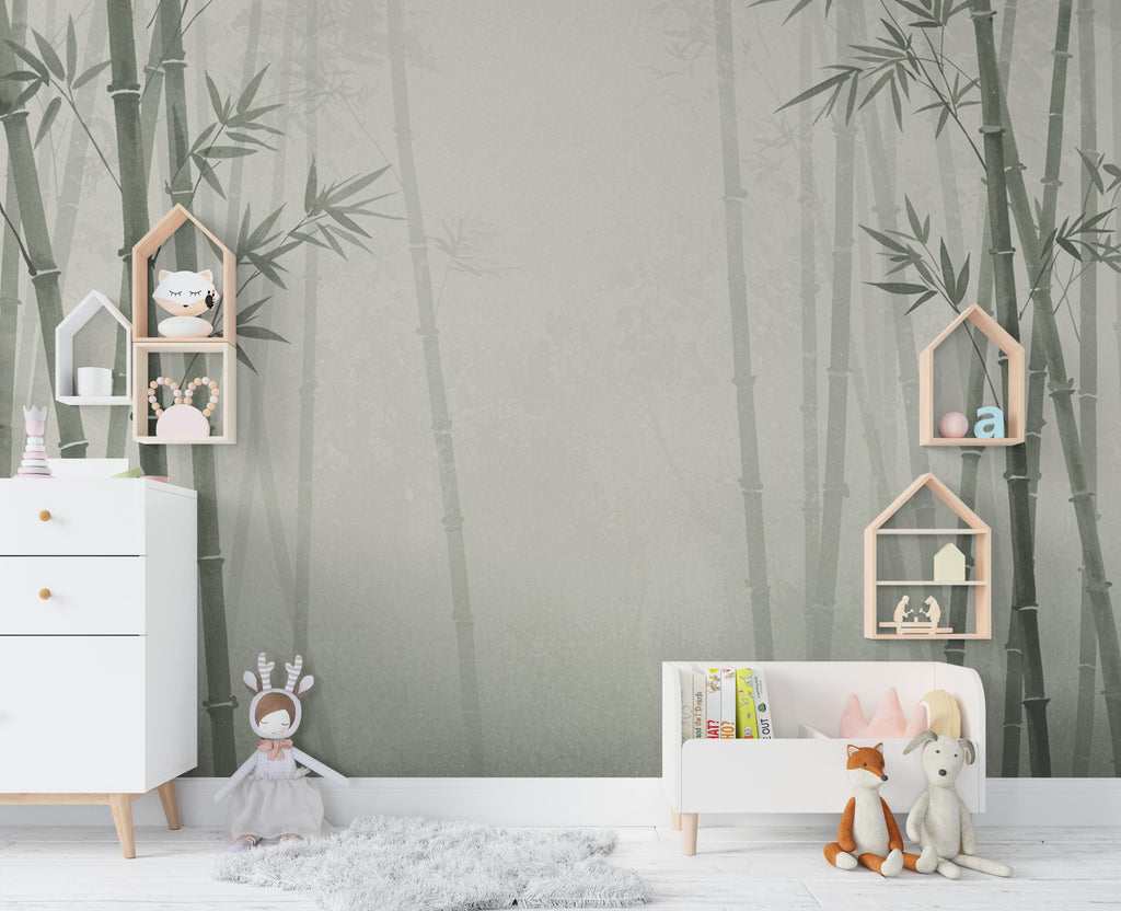 Minimalist Watercolor Bamboo Forest Wall Mural – Misty Asian Nature Wallpaper in Soft Green & Beige Tones Bambo wallpaper wall mural 822RS
