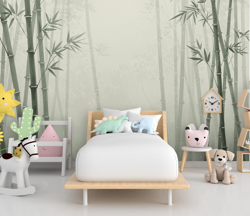 Minimalist Watercolor Bamboo Forest Wall Mural – Misty Asian Nature Wallpaper in Soft Green & Beige Tones Bambo wallpaper wall mural 822RS