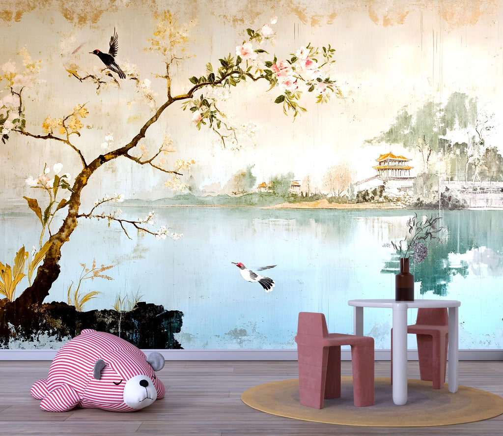 Elegant Asian Style Wallpaper Mural With Blossoming Tree And Bird Design | 3D Scenic Wall Decor For Nursery, Bedroom, Living Room, Stylish