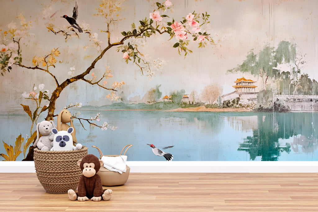 Elegant Asian Style Wallpaper Mural With Blossoming Tree And Bird Design | 3D Scenic Wall Decor For Nursery, Bedroom, Living Room, Stylish