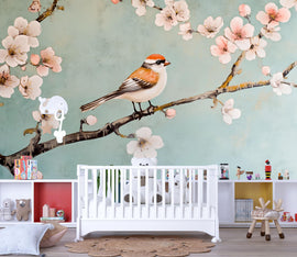 Bird Blossom Branch Nursery Wallpaper – 3D Modern Wall Mural for Kids Room, Baby Nursery, Playroom or Bedroom – Stylish Bold Wall Decor Gift