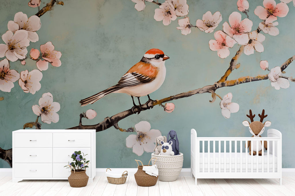 Bird Blossom Branch Nursery Wallpaper – 3D Modern Wall Mural for Kids Room, Baby Nursery, Playroom or Bedroom – Stylish Bold Wall Decor Gift
