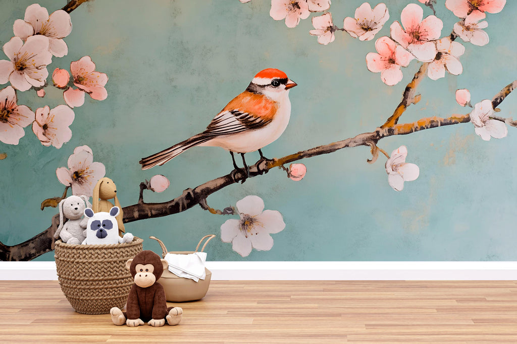 Bird Blossom Branch Nursery Wallpaper – 3D Modern Wall Mural for Kids Room, Baby Nursery, Playroom or Bedroom – Stylish Bold Wall Decor Gift