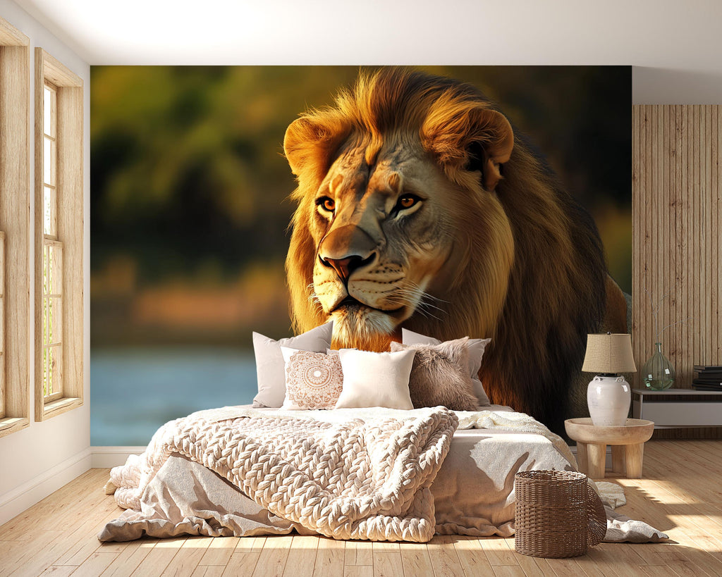 Lion Wall Mural Wallpaper – Majestic 3D Jungle Safari Decor for Living Room, Bedroom, Kids Room – Bold Animal Wall Art, Modern Home Decor