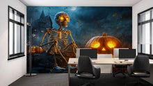 Load image into Gallery viewer, Skeleton &amp; Pumpkin 3D Halloween Wallpaper – Haunted House Wall Mural with Glowing Jack-O’-Lanterns – Spooky Fall Decor for Bedroom, Retail