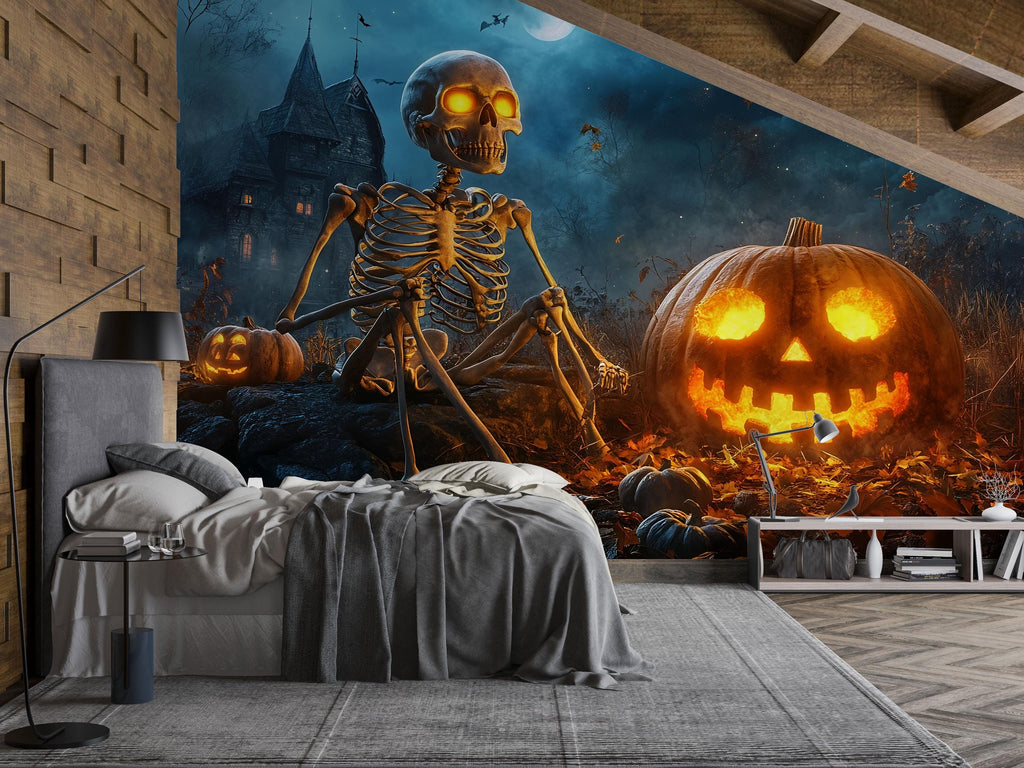 Skeleton & Pumpkin 3D Halloween Wallpaper – Haunted House Wall Mural with Glowing Jack-O’-Lanterns – Spooky Fall Decor for Bedroom, Retail