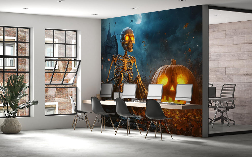 Skeleton & Pumpkin 3D Halloween Wallpaper – Haunted House Wall Mural with Glowing Jack-O’-Lanterns – Spooky Fall Decor for Bedroom, Retail
