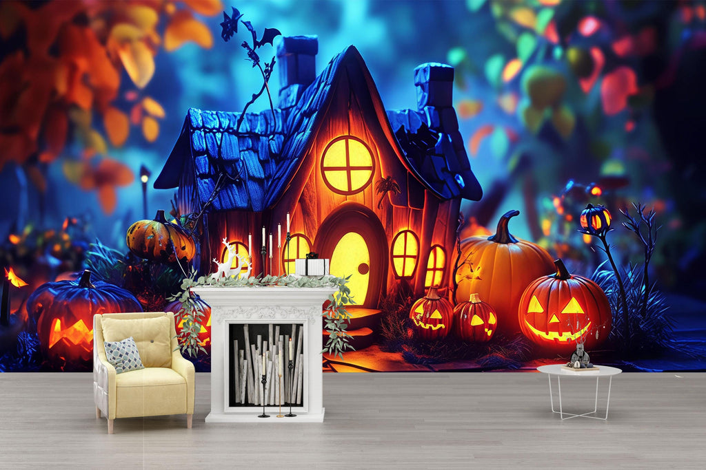 Pumpkin Cottage 3D Halloween Wallpaper – Whimsical Jack-O’-Lantern Wall Mural for Kids’ Rooms, Shops, or Cozy Fall Decor – Magical Holiday