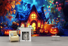 Load image into Gallery viewer, Pumpkin Cottage 3D Halloween Wallpaper – Whimsical Jack-O’-Lantern Wall Mural for Kids’ Rooms, Shops, or Cozy Fall Decor – Magical Holiday