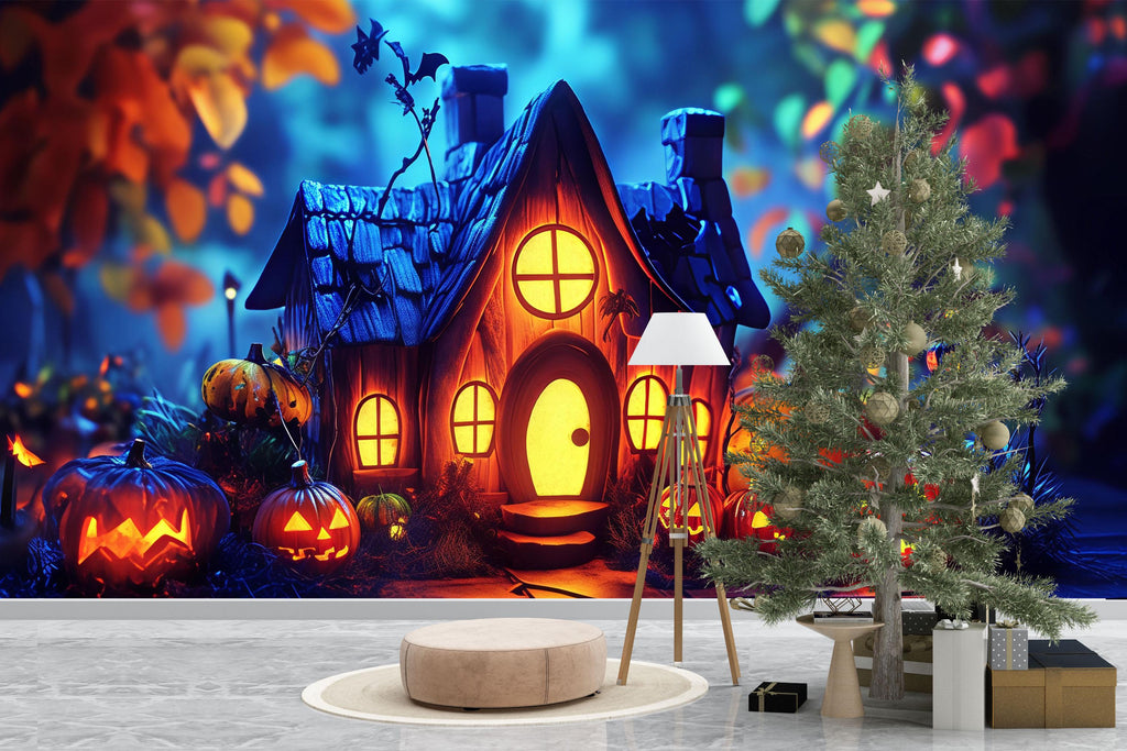 Pumpkin Cottage 3D Halloween Wallpaper – Whimsical Jack-O’-Lantern Wall Mural for Kids’ Rooms, Shops, or Cozy Fall Decor – Magical Holiday