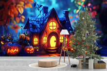 Load image into Gallery viewer, Pumpkin Cottage 3D Halloween Wallpaper – Whimsical Jack-O’-Lantern Wall Mural for Kids’ Rooms, Shops, or Cozy Fall Decor – Magical Holiday