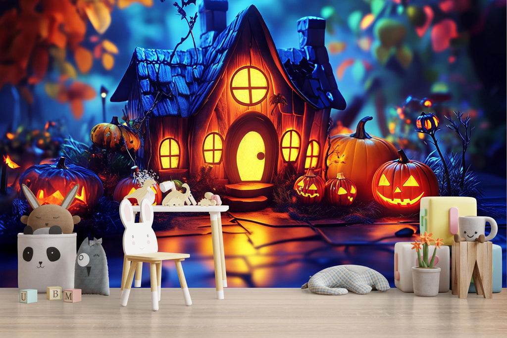 Pumpkin Cottage 3D Halloween Wallpaper – Whimsical Jack-O’-Lantern Wall Mural for Kids’ Rooms, Shops, or Cozy Fall Decor – Magical Holiday