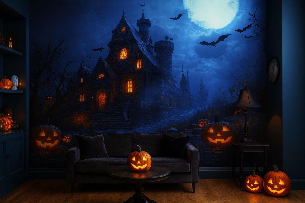 Haunted Castle 3D Halloween Wallpaper – Spooky Mansion Wall Mural with Glowing Jack-O’-Lanterns and Full Moon – Gothic Halloween Decor