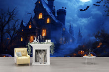 Load image into Gallery viewer, Haunted Castle 3D Halloween Wallpaper – Spooky Mansion Wall Mural with Glowing Jack-O’-Lanterns and Full Moon – Gothic Halloween Decor