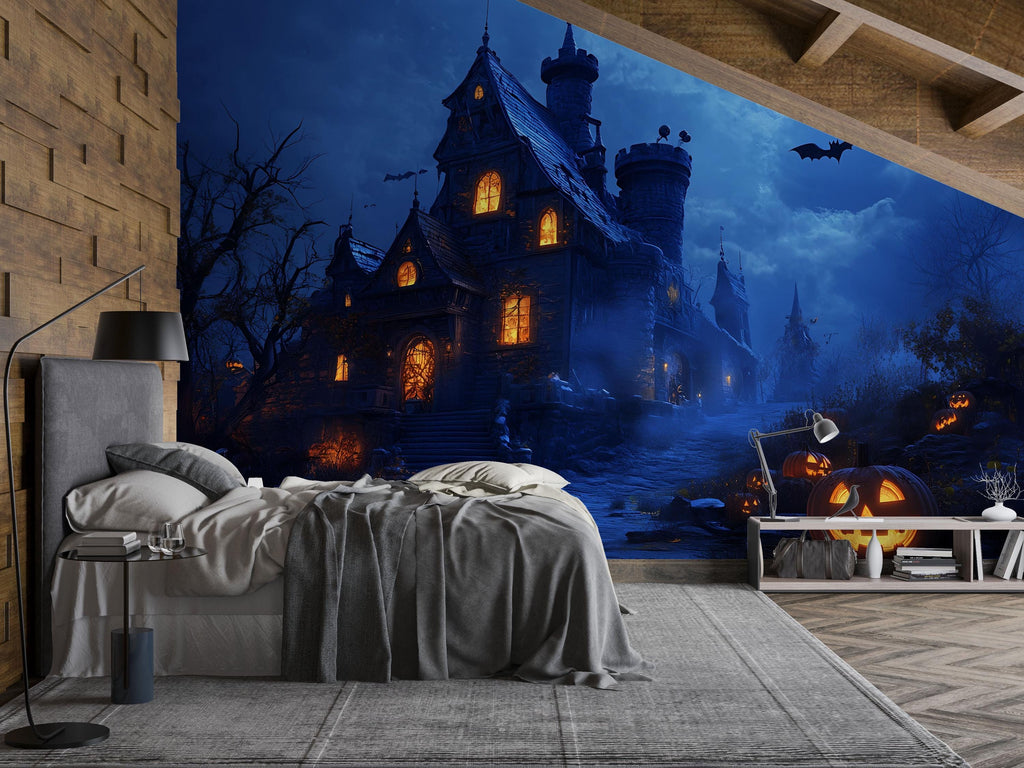 Haunted Castle 3D Halloween Wallpaper – Spooky Mansion Wall Mural with Glowing Jack-O’-Lanterns and Full Moon – Gothic Halloween Decor