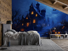 Load image into Gallery viewer, Haunted Castle 3D Halloween Wallpaper – Spooky Mansion Wall Mural with Glowing Jack-O’-Lanterns and Full Moon – Gothic Halloween Decor