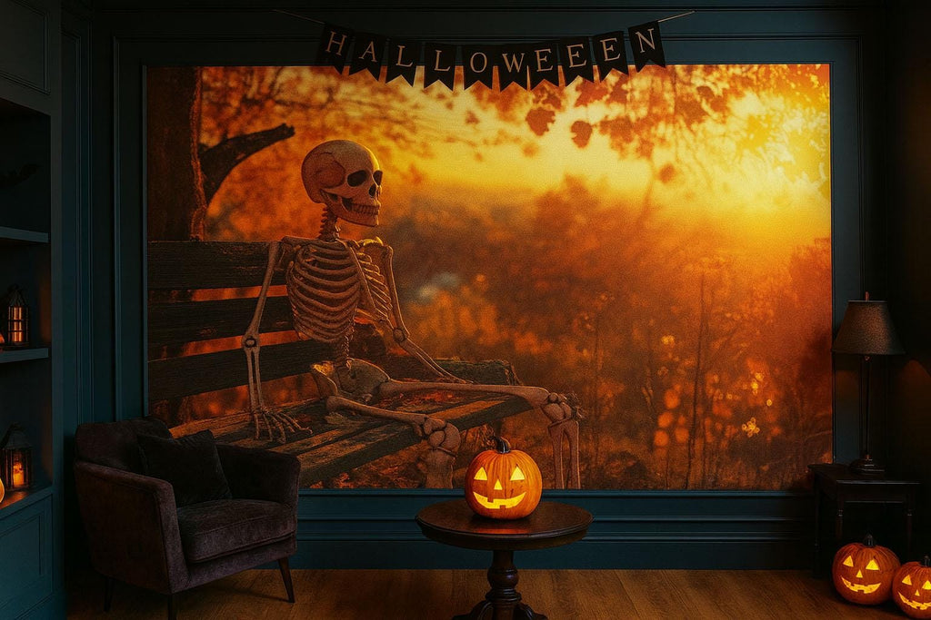 Skeleton on a Bench 3D Halloween Wallpaper – Funny Spooky Wall Mural with Autumn Sunset – Stylish Halloween Decor for Living Room, Office