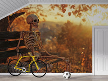 Load image into Gallery viewer, Skeleton on a Bench 3D Halloween Wallpaper – Funny Spooky Wall Mural with Autumn Sunset – Stylish Halloween Decor for Living Room, Office