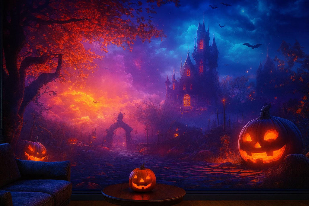 Whimsical Halloween Castle 3D Wallpaper – Spooky Haunted House Wall Mural with Glowing Pumpkins and Fantasy Sky – Kids Room