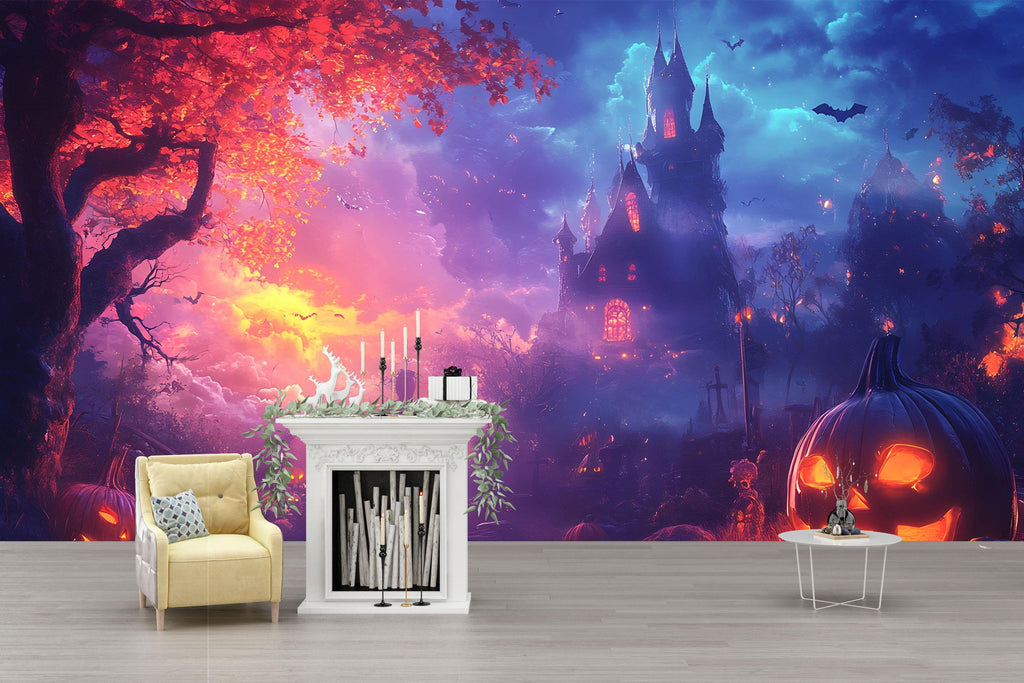 Whimsical Halloween Castle 3D Wallpaper – Spooky Haunted House Wall Mural with Glowing Pumpkins and Fantasy Sky – Kids Room