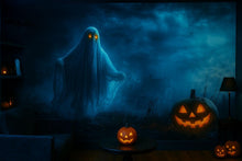 Load image into Gallery viewer, Ghost &amp; Pumpkin 3D Halloween Wallpaper – Haunted Field Wall Mural with Glowing Jack-O’-Lantern and Floating Ghost – Spooky Bedroom