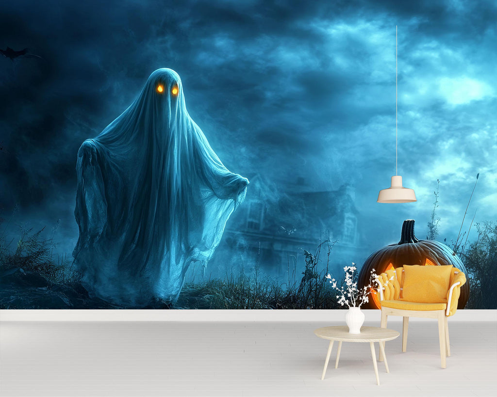 Ghost & Pumpkin 3D Halloween Wallpaper – Haunted Field Wall Mural with Glowing Jack-O’-Lantern and Floating Ghost – Spooky Bedroom