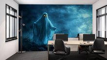 Load image into Gallery viewer, Ghost &amp; Pumpkin 3D Halloween Wallpaper – Haunted Field Wall Mural with Glowing Jack-O’-Lantern and Floating Ghost – Spooky Bedroom