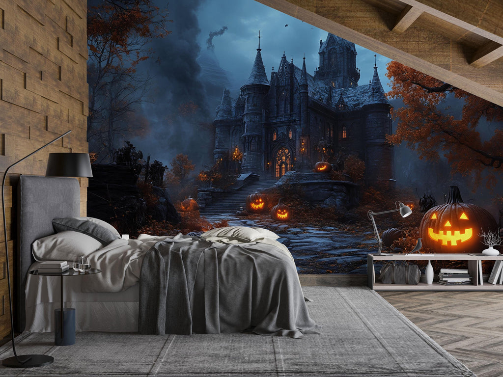 Gothic Castle Halloween 3D Wallpaper – Haunted Mansion Wall Mural with Glowing Jack-O’-Lanterns – Spooky Fall Bedroom or Retail Decor