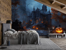 Load image into Gallery viewer, Gothic Castle Halloween 3D Wallpaper – Haunted Mansion Wall Mural with Glowing Jack-O’-Lanterns – Spooky Fall Bedroom or Retail Decor