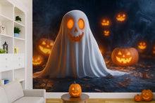 Load image into Gallery viewer, Cute Ghost &amp; Pumpkin 3D Halloween Wallpaper – Smiling Glow-In-The-Dark Ghost Wall Mural for Kids Room, Party Decor or Playful Holiday