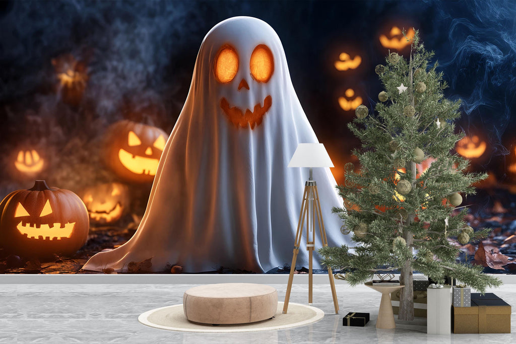Cute Ghost & Pumpkin 3D Halloween Wallpaper – Smiling Glow-In-The-Dark Ghost Wall Mural for Kids Room, Party Decor or Playful Holiday
