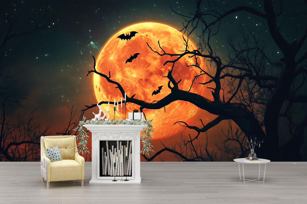 Blood Moon Bats 3D Halloween Wallpaper – Spooky Full Moon Wall Mural with Flying Bats and Dark Forest Silhouette – Stylish Gothic Fall Decor
