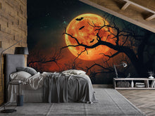 Load image into Gallery viewer, Blood Moon Bats 3D Halloween Wallpaper – Spooky Full Moon Wall Mural with Flying Bats and Dark Forest Silhouette – Stylish Gothic Fall Decor