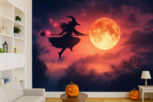 Load image into Gallery viewer, Flying Witch 3D Halloween Wallpaper – Full Moon Silhouette Wall Mural with Pink Twilight Sky – Whimsical Holiday Decor for Kids Room