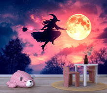 Load image into Gallery viewer, Flying Witch 3D Halloween Wallpaper – Full Moon Silhouette Wall Mural with Pink Twilight Sky – Whimsical Holiday Decor for Kids Room