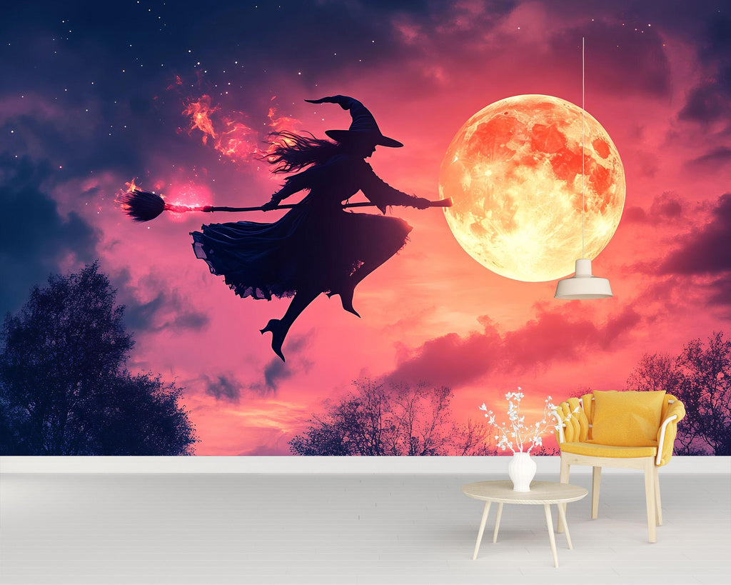 Flying Witch 3D Halloween Wallpaper – Full Moon Silhouette Wall Mural with Pink Twilight Sky – Whimsical Holiday Decor for Kids Room