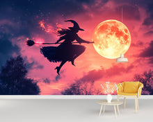 Load image into Gallery viewer, Flying Witch 3D Halloween Wallpaper – Full Moon Silhouette Wall Mural with Pink Twilight Sky – Whimsical Holiday Decor for Kids Room