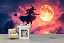 Load image into Gallery viewer, Flying Witch 3D Halloween Wallpaper – Full Moon Silhouette Wall Mural with Pink Twilight Sky – Whimsical Holiday Decor for Kids Room