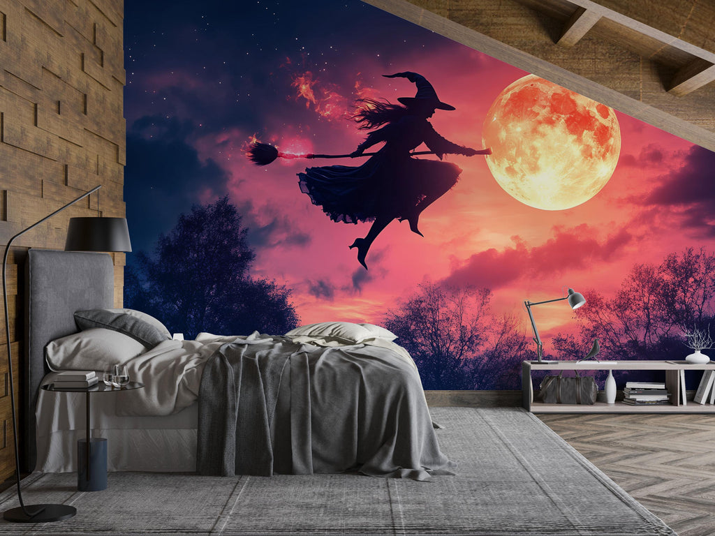 Flying Witch 3D Halloween Wallpaper – Full Moon Silhouette Wall Mural with Pink Twilight Sky – Whimsical Holiday Decor for Kids Room