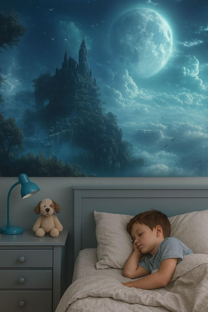 Moonlit Fantasy Castle Wallpaper – 3D Wall Mural For Kids Room, Boys Bedroom Decor, Magical Night Sky Wall Art, Dreamy Nursery Wallpaper