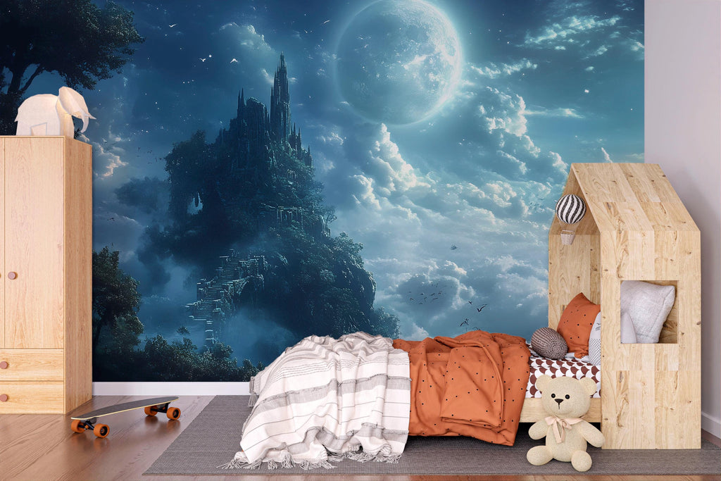 Moonlit Fantasy Castle Wallpaper – 3D Wall Mural For Kids Room, Boys Bedroom Decor, Magical Night Sky Wall Art, Dreamy Nursery Wallpaper