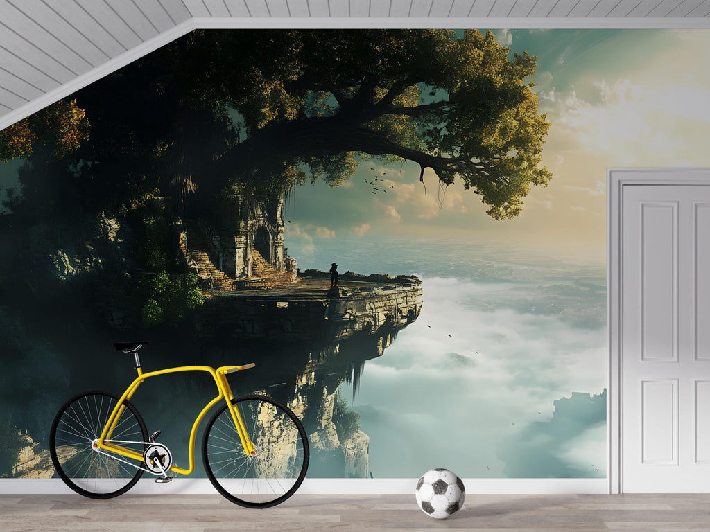 Fantasy Cliff Castle 3D Wallpaper Mural | Magical Tree Over Clouds Wall Art | Boys Girls Bedroom Decor | Enchanted Scenic Wall Covering