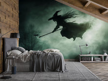 Load image into Gallery viewer, Dark Flying Witch 3D Halloween Wallpaper – Spooky Silhouette Wall Mural with Fog and Forest Shadows – Gothic Holiday Decor for Bedroom