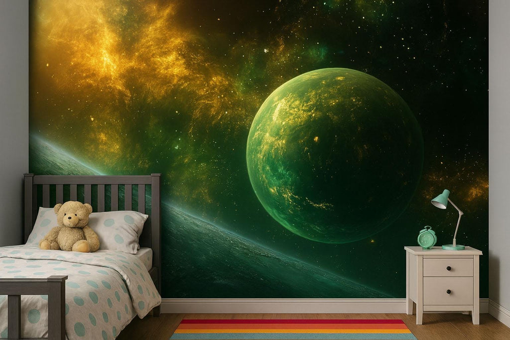 Green Galaxy Planet 3D Wallpaper | Outer Space Wall Mural For Kids Bedroom | Modern Bold Stylish Wall Decor Gift For Sci-Fi Lovers & Space
