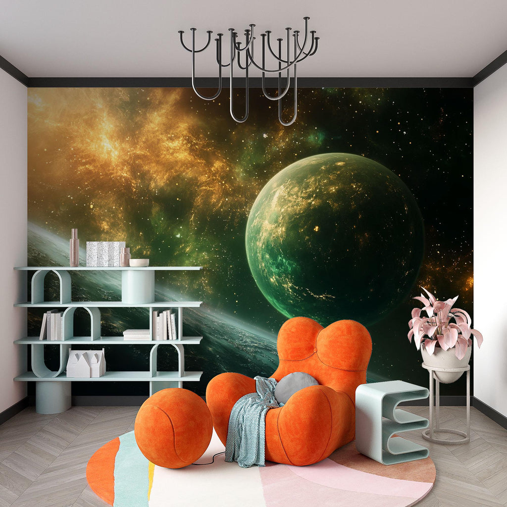 Green Galaxy Planet 3D Wallpaper | Outer Space Wall Mural For Kids Bedroom | Modern Bold Stylish Wall Decor Gift For Sci-Fi Lovers & Space
