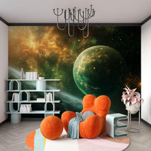 Load image into Gallery viewer, Green Galaxy Planet 3D Wallpaper | Outer Space Wall Mural For Kids Bedroom | Modern Bold Stylish Wall Decor Gift For Sci-Fi Lovers &amp; Space