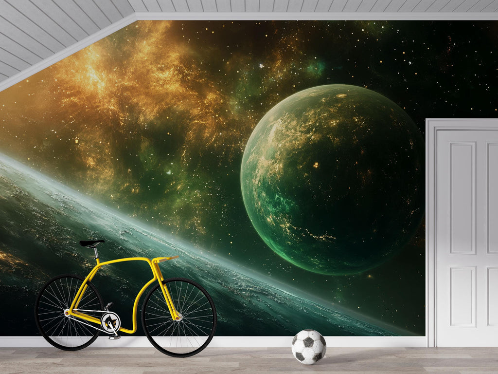 Green Galaxy Planet 3D Wallpaper | Outer Space Wall Mural For Kids Bedroom | Modern Bold Stylish Wall Decor Gift For Sci-Fi Lovers & Space