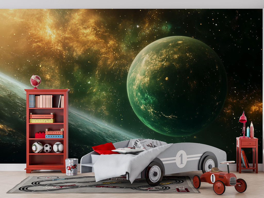 Green Galaxy Planet 3D Wallpaper | Outer Space Wall Mural For Kids Bedroom | Modern Bold Stylish Wall Decor Gift For Sci-Fi Lovers & Space