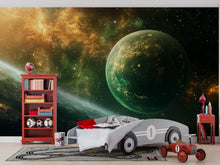 Load image into Gallery viewer, Green Galaxy Planet 3D Wallpaper | Outer Space Wall Mural For Kids Bedroom | Modern Bold Stylish Wall Decor Gift For Sci-Fi Lovers &amp; Space